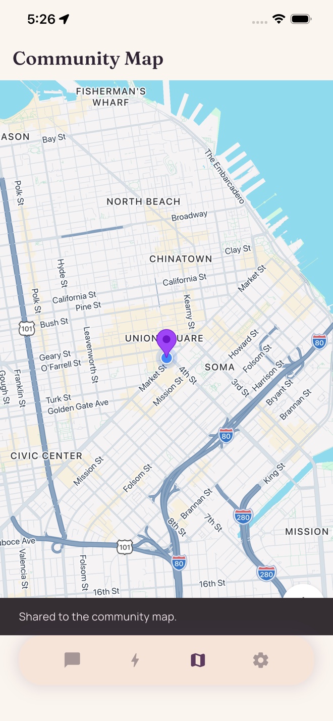 The Ariadne community map, showing a shared pin in San Francisco